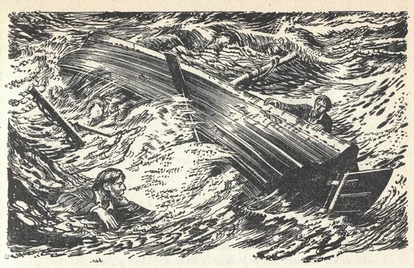 Two men drown in a storm at sea. Old black and white illustration. Vintage drawing. Illustration by Zdenek Burian. Zdenek Michael Frantisek Burian (11 February 1905 in Koprivnice, Moravia, Austria-Hungary 1 July 1981 in Prague, Czechoslovakia) was a
