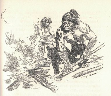 Tarih öncesi adam yangına körükle gider. Eski siyah beyaz çizim. Klasik çizim. Görüntü: Zdenek Burian. Zdenek Michael Frantisek Burian (11 Şubat 1905, Koprivnice, Moravia, Avusturya-Macaristan 1 Temmuz 1981, Prag, Çekoslovakya)