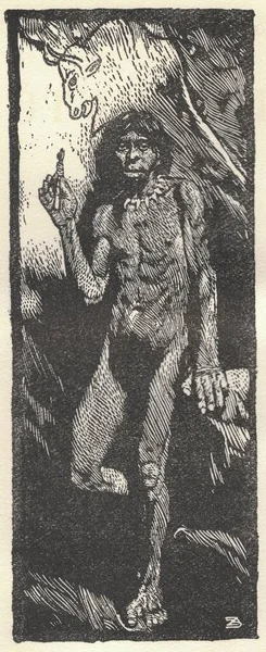 A prehistoric man and a drawing on the cave wall. Old black and white illustration. Vintage drawing. Illustration by Zdenek Burian. Zdenek Michael Frantisek Burian (11 February 1905 in Koprivnice, Moravia, Austria-Hungary 1 July 1981 in Prague, Czech