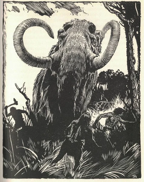 Prehistoric people hunt a giant mammoth. A depiction of a prehistoric animal. Old black and white illustration. Vintage drawing. Illustration by Zdenek Burian. Zdenek Michael Frantisek Burian (11 February 1905 in Koprivnice, Moravia, Austria-Hungary