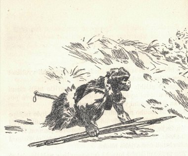Tarih öncesi bir adam karda yürüyor. Eski siyah beyaz çizim. Klasik çizim. Görüntü: Zdenek Burian. Zdenek Michael Frantisek Burian (11 Şubat 1905, Koprivnice, Moravia, Avusturya-Macaristan, 1 Temmuz 1981, Prag, Çekoslovaki