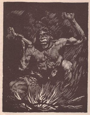 Tarih öncesi adam ateşin yanında. Eski siyah beyaz çizim. Klasik çizim. Görüntü: Zdenek Burian. Zdenek Michael Frantisek Burian (11 Şubat 1905, Koprivnice, Moravia, Avusturya-Macaristan, 1 Temmuz 1981, Prag, Çekoslovakya), Çekoslovakya 'lı Czec.