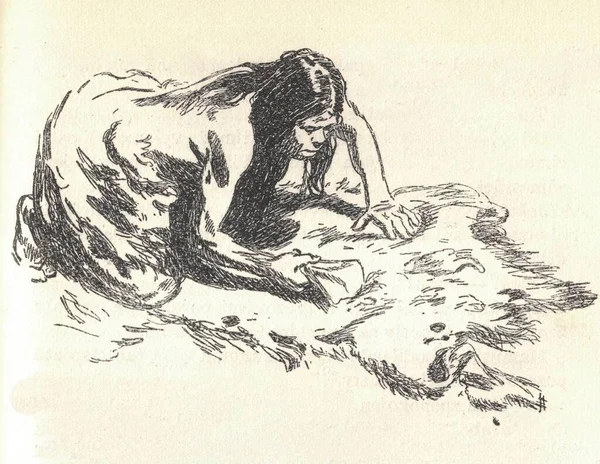 Une Femme Préhistorique Nettoie Peau Animal Vieille Illustration Noir Blanc — Photo