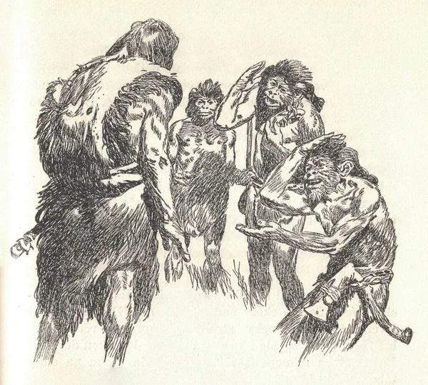 Prehistoric People Old Black White Illustration Vintage Drawing Illustration Zdenek — Stock Photo, Image
