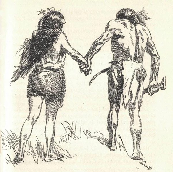 Prehistoric people. A woman and a man. Old black and white illustration. Vintage drawing. Illustration by Zdenek Burian. Zdenek Michael Frantisek Burian (11 February 1905 in Koprivnice, Moravia, Austria-Hungary 1 July 1981 in Prague, Czechoslovakia)