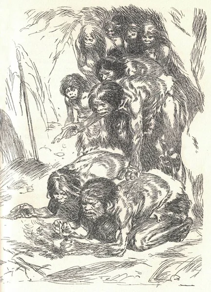 Neanderthals trying to start a fire. Depiction of a prehistoric culture. Old black and white illustration. Vintage drawing. Illustration by Zdenek Burian. Zdenek Michael Frantisek Burian (11 February 1905 in Koprivnice, Moravia, Austria-Hungary 1 Jul