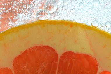 Close-up of fresh grapefruit slice on white background. Slice of red grapefruit in sparkling water on white background, close-up. Horizontal image.