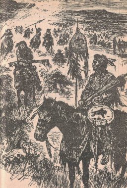 Black and white illustration shows the warrior Indians. Black and white illustration shows fighting Indians. Vintage black and white picture shows the Wild West life.