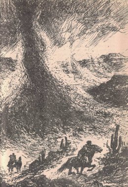 Black and white illustration shows the escape of a man on horseback. Black and white illustration shows a man on horseback. Vintage black and white picture shows the Wild West life.