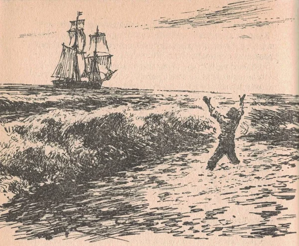 Black and white illustration shows the survivor is welcomed by the ship. Black and white illustration shows the survivor is greeted by a ship. Vintage black and white picture shows the Wild West life.