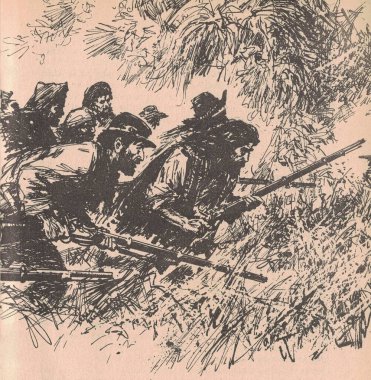 Black and white illustration shows hunters in the jungle. Drawing shows a hunters in South American rainforest. Vintage black and white picture shows adventure life in the previous century. Life in