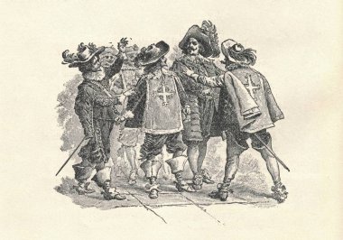ÜÇ MÜZESİ. D 'Artagnan, Athos, Aramis ve Porthos. 19. yüzyılın sonlarında Alexander Dumas Pere tarafından yapılan bir illüstrasyon. Fotoğraf: Maurice Leloir.
