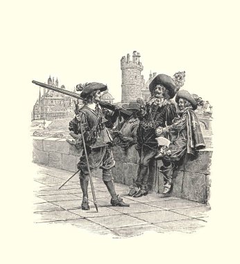 ÜÇ MÜZESİ. D 'Artagnan, Athos, Aramis ve Porthos. 19. yüzyılın sonlarında Alexander Dumas Pere tarafından yapılan bir illüstrasyon. Fotoğraf: Maurice Leloir.