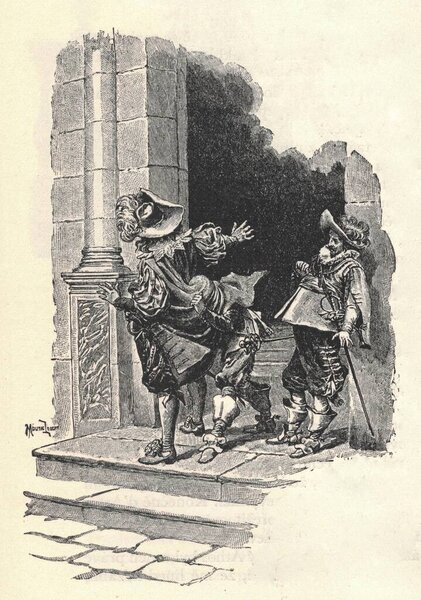 THREE MUSKETEERS. D'Artagnan, Athos, Aramis, and Porthos. Illustration from a late 19th century edition, by Alexander Dumas pere. Illustration by Maurice Leloir.