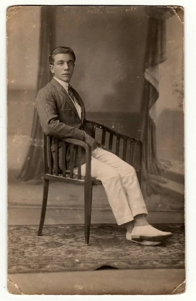 Hodonin Czechoslovak Republic Circa 1930 Young Man Vintage Studio Photo — стоковое фото