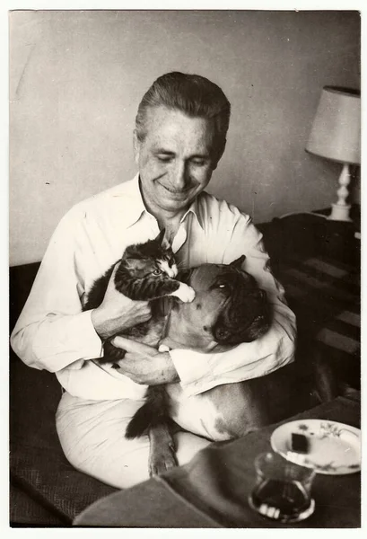 Urss Circa 1980 Foto Vintage Mostra Homem Golpes Gato Cachorro — Fotografia de Stock