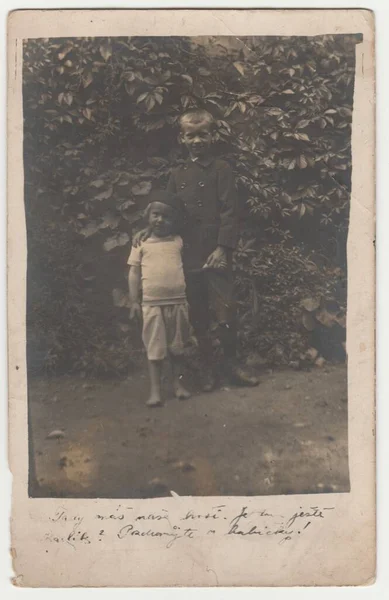 Austria Hungary Circa 1915 ヴィンテージ写真は2人の男の子 屋外の兄弟を示しています レトロな黒と白の写真 1920年頃 — ストック写真