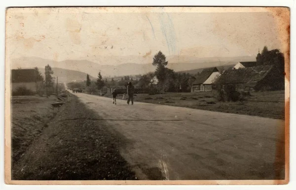 Czechoslavak Social Republic Circa 1950 ヴィンテージ写真は村の道を示しています レトロな黒と白の写真 ヴィンテージ写真は 村の道路を示しています レトロな黒と白の写真 — ストック写真
