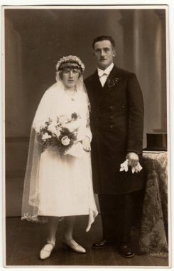 CZECHOSLOVAK REPUBLIC - CIRCA 1930 'lar: Eski fotoğraf yeni evlileri gösteriyor. Geçmişe dönük siyah beyaz düğün fotoğrafçılığı.
