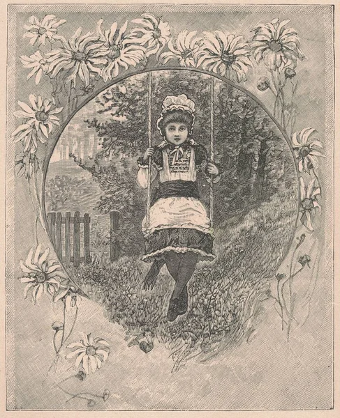 黒と白のアンティークのイラストは スイングに揺れる女の子を示しています ヴィンテージイラストは庭のスイングに座っている女の子を示しています おとぎ話の本から古い写真 1910年に出版されたストーリーブックイラスト オーラル ストーリーテリングは — ストック写真