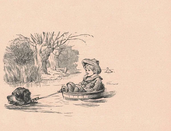 黒と白のアンティークのイラストは 川で男の子と犬の帆を示しています ヴィンテージイラストは 少年が樽に座って川に帆を示しています おとぎ話の本から古い写真 1910年に出版されたストーリーブックイラスト 口述はT — ストック写真