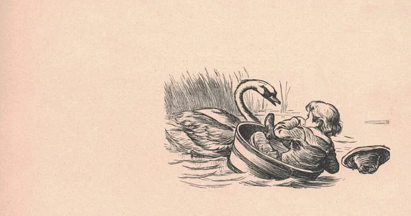 Siyah Beyaz Antika Çizimler Bir Çocuğun Nehirde Yelken Açtığını Gösteriyor — Stok fotoğraf