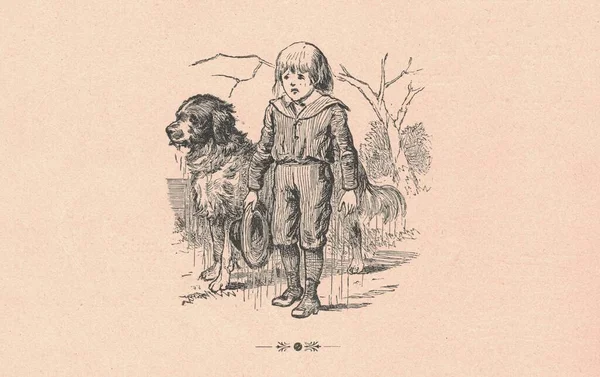 Черно Белой Антикварной Иллюстрации Изображены Промокшие Мальчик Собака Винтажная Иллюстрация — стоковое фото