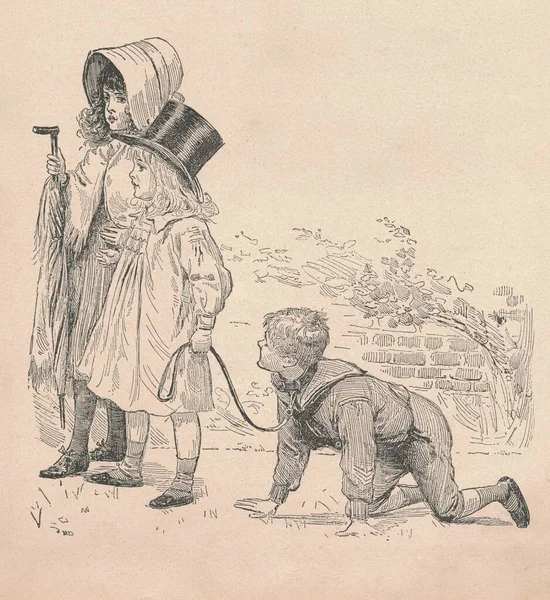 黒と白のアンティークイラストは女の子と男の子を示しています ヴィンテージの絵は少年が犬で遊ぶのを示す おとぎ話の本から古い写真 1910年に出版されたストーリーブックイラスト おとぎ話 おとぎ話 不思議物語 魔法の物語 おとぎ話 または3月 — ストック写真