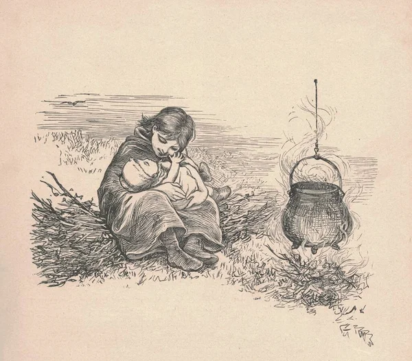 Antike Schwarz Weiß Illustration Zeigt Ein Landstreicher Weibchen Und Ihr — Stockfoto