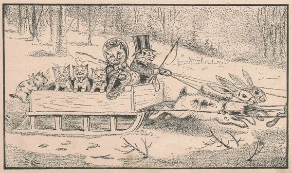 Zwart Wit Antieke Illustratie Toont Een Kat Familie Zit Een — Stockfoto