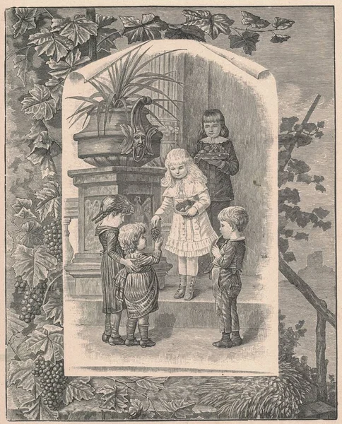 黒と白のアンティークイラストは美しい女の子がブドウに小さな女の子を与える示しています ヴィンテージ図面は 子供たちのグループがブドウを保持示しています おとぎ話の本から古い写真 1910年に出版されたストーリーブックイラスト おとぎ話 おとぎ話 — ストック写真