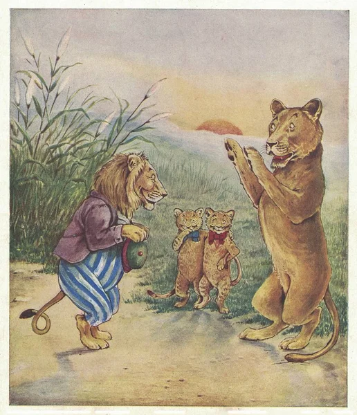 Ilustração Antiga Colorida Mostra Família Leão Bonito Desenho Vintage Mostra — Fotografia de Stock
