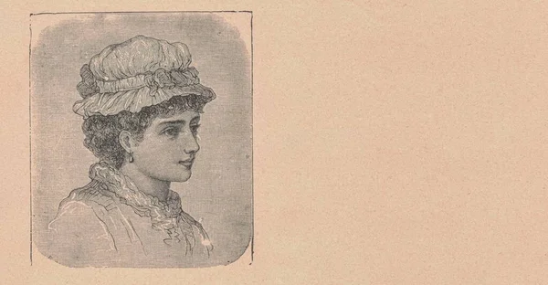 Black White Antique Illustration Shows Portrait Young Lady Vintage Drawing — Stock Photo, Image