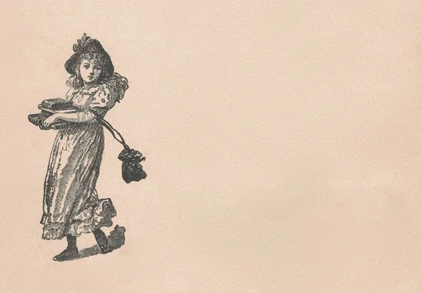 黒と白のアンティークのイラストは 女の子が本の山を保持して示しています ヴィンテージの絵は少女が本の小さな山を運ぶことを示しています おとぎ話の本から古い写真 1910年に出版されたストーリーブックイラスト おとぎ話 おとぎ話 不思議な物語 — ストック写真