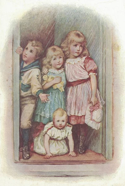 Kleurrijke Antieke Illustratie Toont Kleine Meisjes Jongen Vintage Tekening Toont Stockfoto