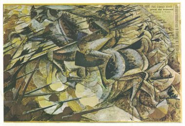 Mızraklı Süvari, 1915, kolaj, mukavva, içki. Umberto Boccioni 'nin çalışması. Mızraklı Süvarilerin Görevi, Boccioni 'nin savaş temasına adanmış bilinen tek eseridir.