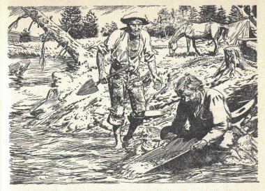 Erkekler nehirde altın arıyorlar. Servet Avcıları ve Altına Hücum. Eski siyah beyaz çizim. Klasik çizim. Görüntü: Zdenek Burian. Zdenek Michael Frantisek Burian 11 Şubat 1905