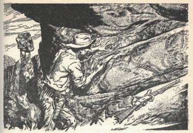 İnsan altın bir damar keşfeder. Kayadaki altın bir damar. Eski siyah beyaz çizim. Klasik çizim. Görüntü: Zdenek Burian. Zdenek Michael Frantisek Burian 11 Şubat 1905