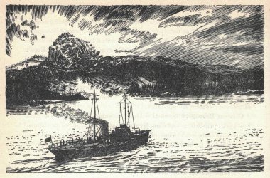 Nehirden bir vapur geçiyor. Eski siyah beyaz çizim. Klasik çizim. Görüntü: Zdenek Burian. Zdenek Michael Frantisek Burian 11 Şubat 1905 Koprivnice, Moravya, Avusturya