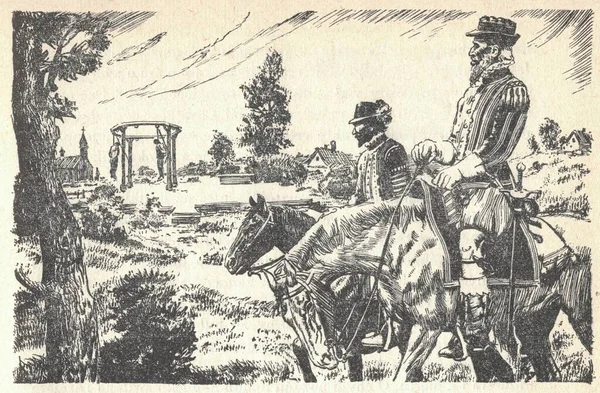 两个骑马的贵族骑着马穿过乡间 Zdenek Burian的说明 Zdenek Michael Frantisek Burian 1905年2月11日 奥地利 匈牙利莫拉维亚Koprivnice — 图库照片