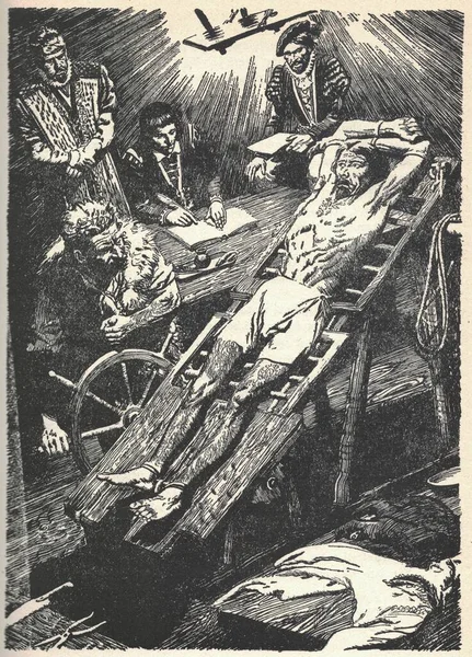 Cámara Medieval Tortura Estirar Cuerpo Mediante Tortura Ilustración Zdenek Burian — Foto de Stock
