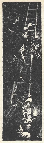 Dos Mineros Bajan Por Escalera Ilustración Blanco Negro Dibujo Vintage — Foto de Stock