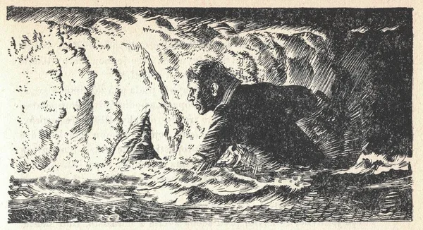 Людина Пробирається Крізь Воду Печері Стара Чорно Біла Ілюстрація Вінтажний — стокове фото