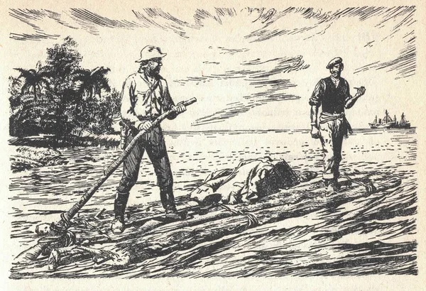 Mężczyźni Pływają Tratwie Rzece Czarno Biała Ilustracja Zabytkowy Rysunek Ilustracja — Zdjęcie stockowe