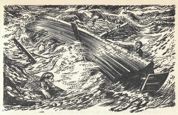 Denizde Fırtınada Iki Adam Boğuldu Eski Siyah Beyaz Çizim Klasik — Stok fotoğraf