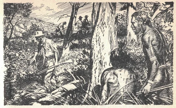 Aborígenes Australianos Observando Brancos Aborígenes Australianos Floresta Ilustração Preta Branca — Fotografia de Stock