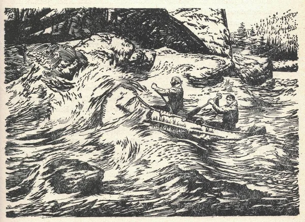Canoa Dei Cacciatori Sul Fiume Vecchia Illustrazione Bianco Nero Disegno — Foto Stock