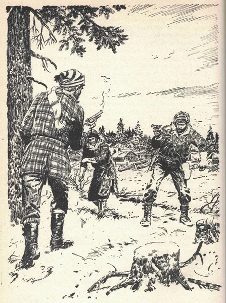 Een Vuurgevecht Tussen Jagers Oude Zwart Wit Illustratie Vintage Tekening — Stockfoto