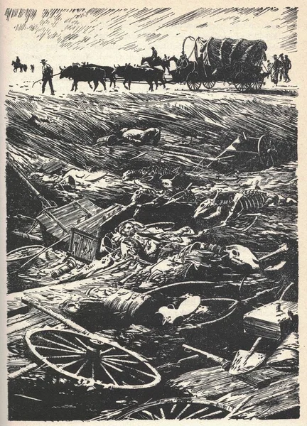 大篷车驶过了死尸的旁边 古董画 Zdenek Burian的说明 1905年2月11日Zdenek Michael Frantisek Burian在莫拉维亚Koprivnice — 图库照片