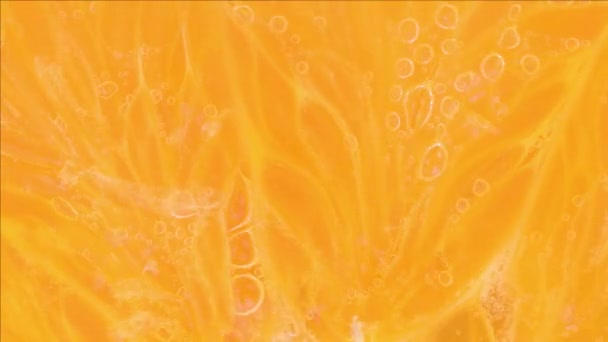 Кусок Спелого Апельсина Пузырьках Воды Макро Снимок Оранжевого Ломтика Газированной — стоковое видео